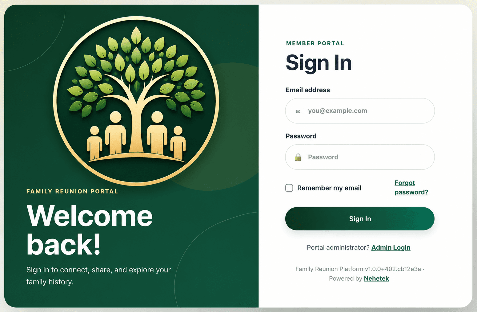 Family Reunion Portal member login screen